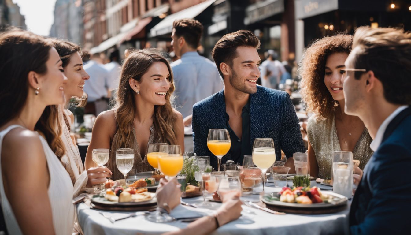 En grupp stiliga vänner njuter av en livlig utomhusbrunch i staden. En grupp stiliga vänner njuter av en livlig utomhusbrunch i staden.