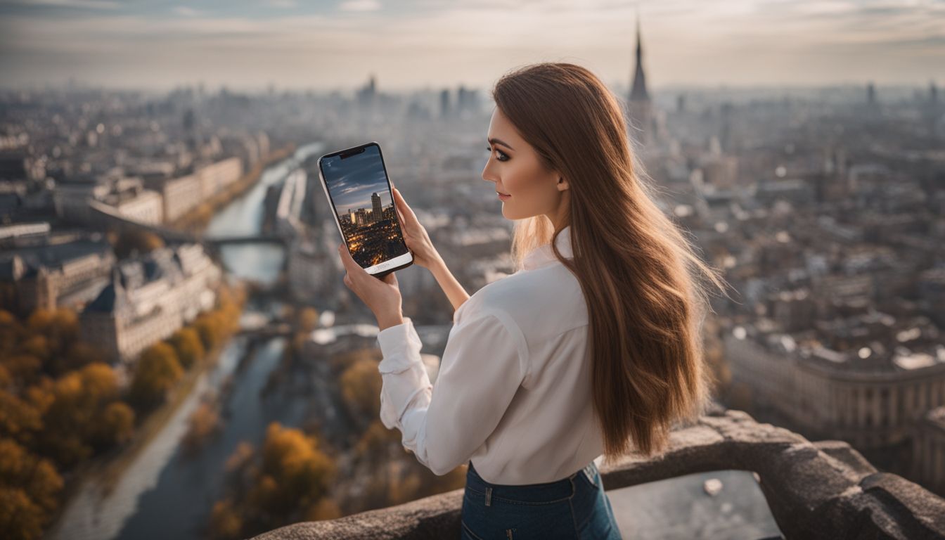 En person tar en selfie vid en vacker stadssiluett.