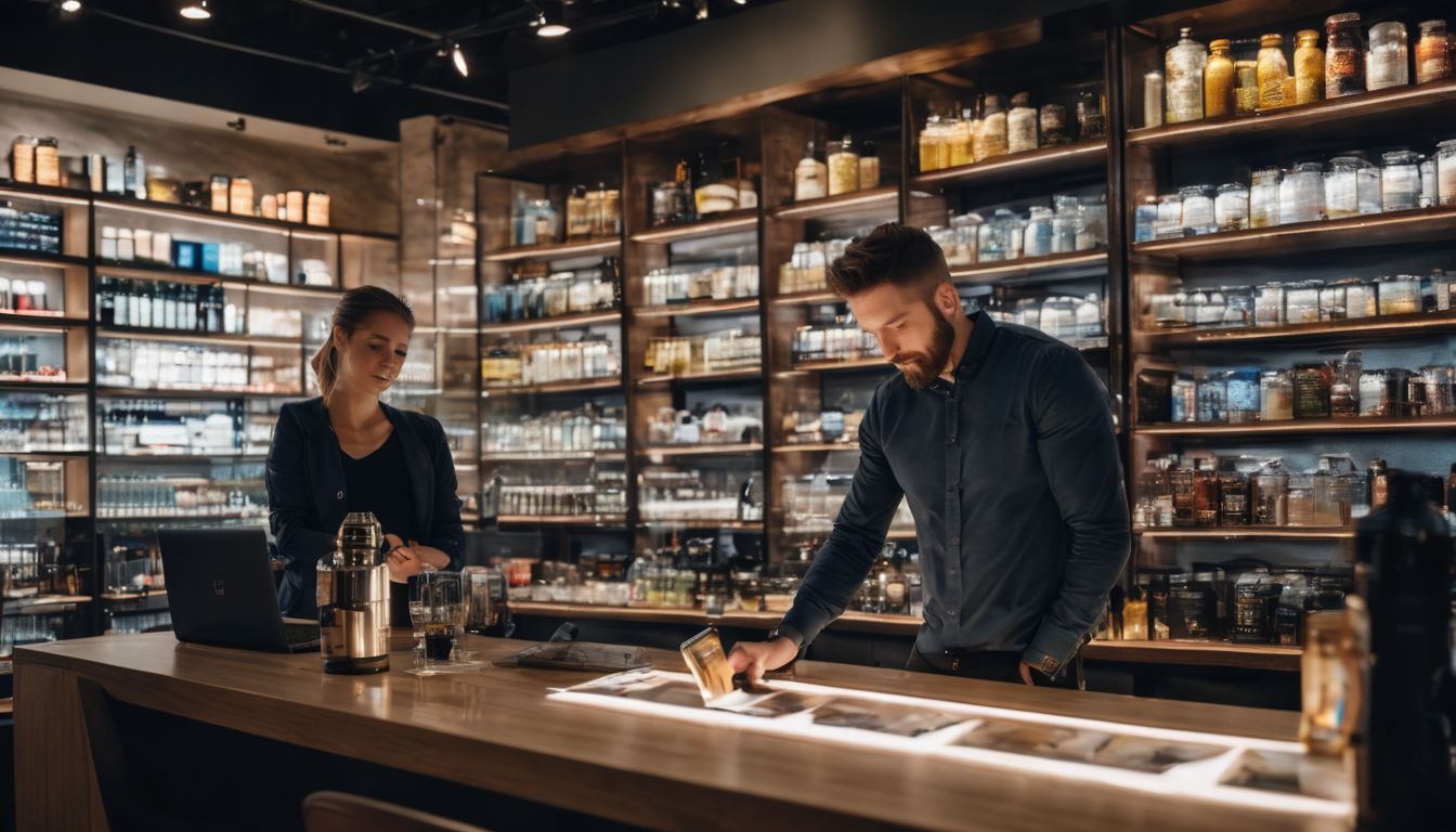 Personen visar upp sin produkt i en stadsmiljö med olika ansikten och klädstilar. Personen visar upp sin produkt i en stadsmiljö med olika ansikten och klädstilar.