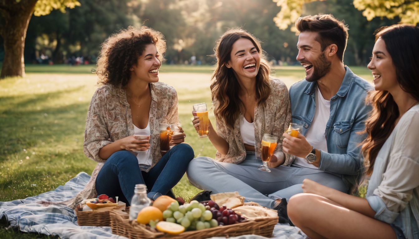 En grupp vänner njuter av en picknick i en färgstark park. En grupp vänner njuter av en picknick i en färgstark park.