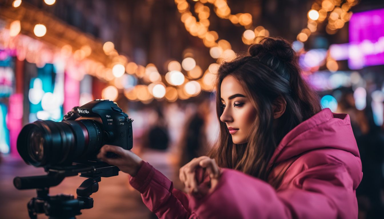 En ung influencer filmar en TikTok-video i en kreativ stadsmiljö. En ung influencer filmar en TikTok-video i en kreativ stadsmiljö.