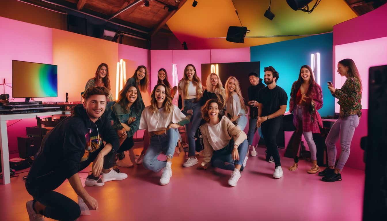 En grupp vänner skapar roliga och underhållande TikTok-videor i en färgglad studio. En grupp vänner skapar roliga och underhållande TikTok-videor i en färgglad studio.