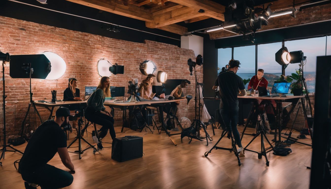 En grupp diverse TikTok-influencers samarbetar och skapar engagerande innehåll i en livlig studio. En grupp diverse TikTok-influencers samarbetar och skapar engagerande innehåll i en livlig studio.
