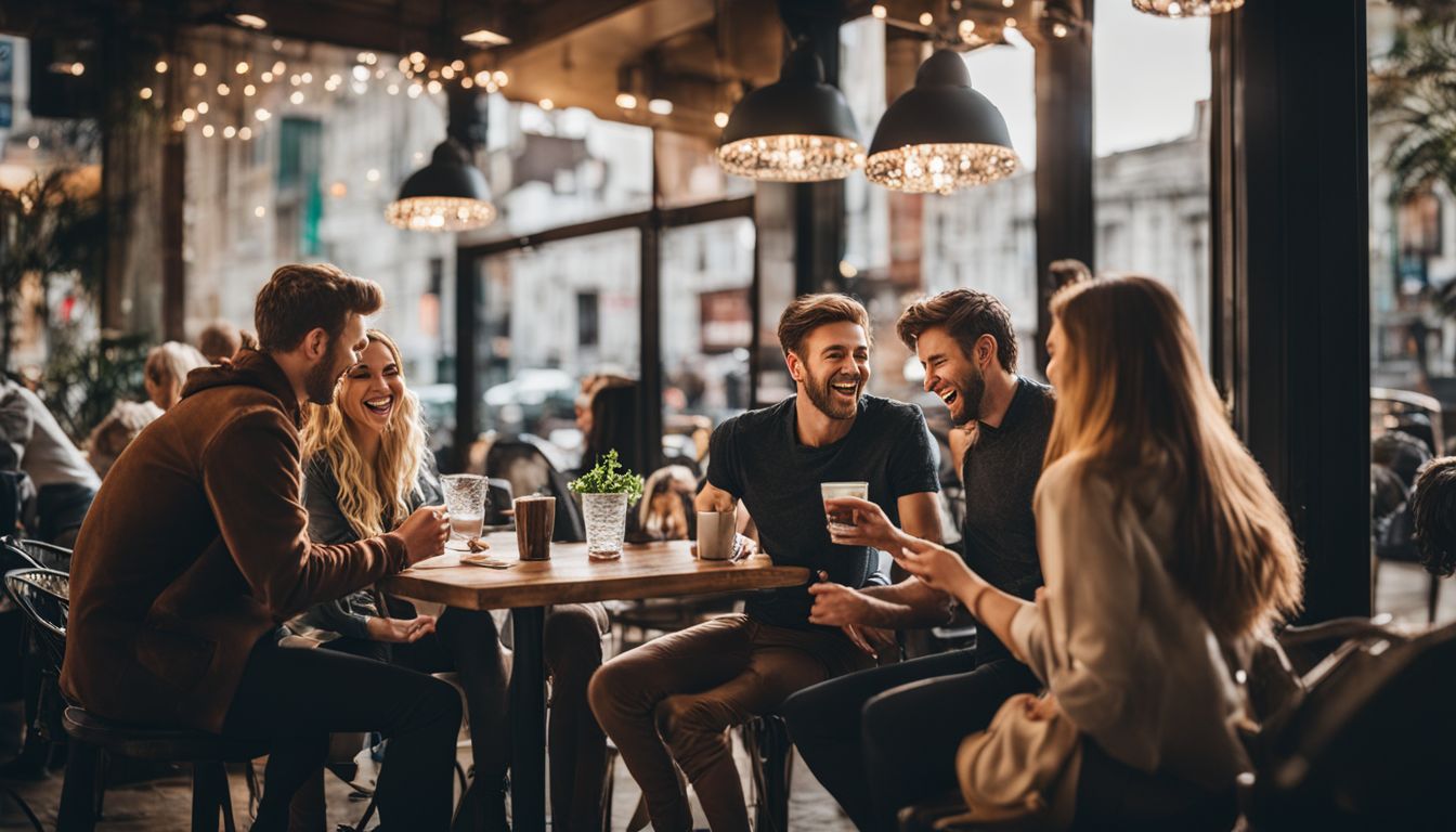 En grupp vänner njuter av kaffe och skrattar tillsammans på en café. En grupp vänner njuter av kaffe och skrattar tillsammans på en café.